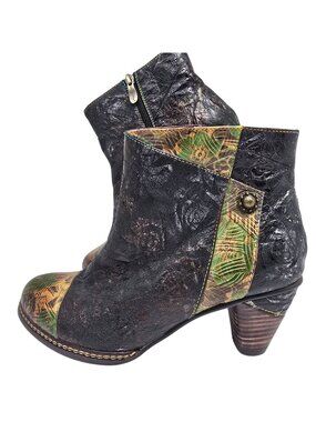 LArtiste Womens Leather Ankle Boots Floral Toe Design Black Multi Size 41 (8)